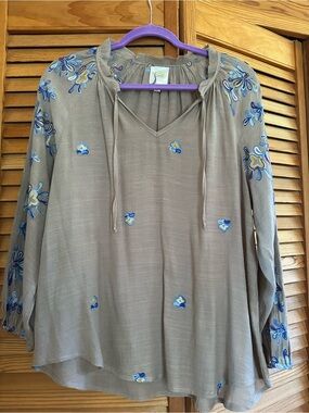 fig and flower Taupe Peasant Blouse with Blue & Yellow Embroidery